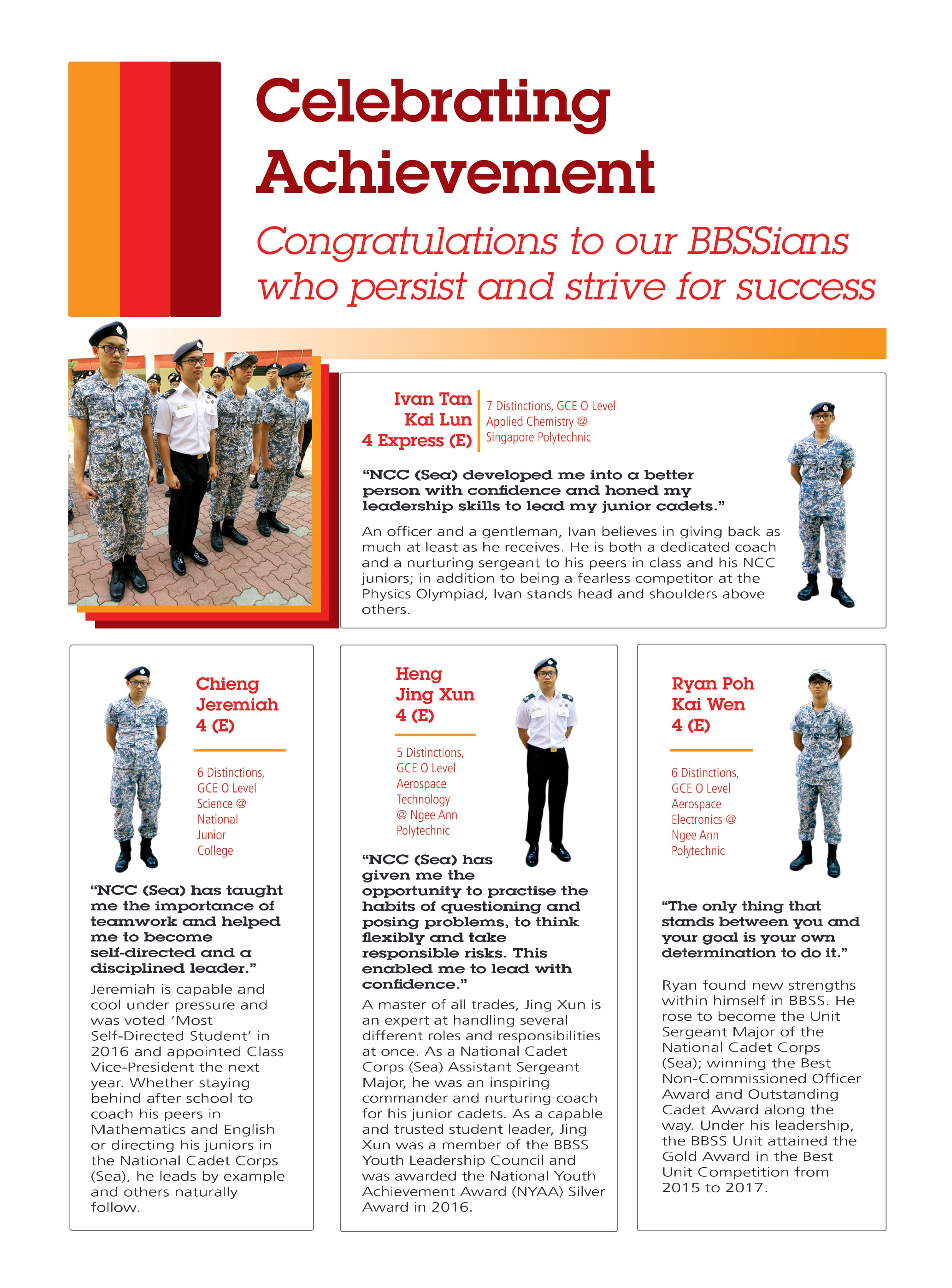 Flyer celebrating four NCC Sea cadet achievements with photos, quotes, and academic distinctions listed.